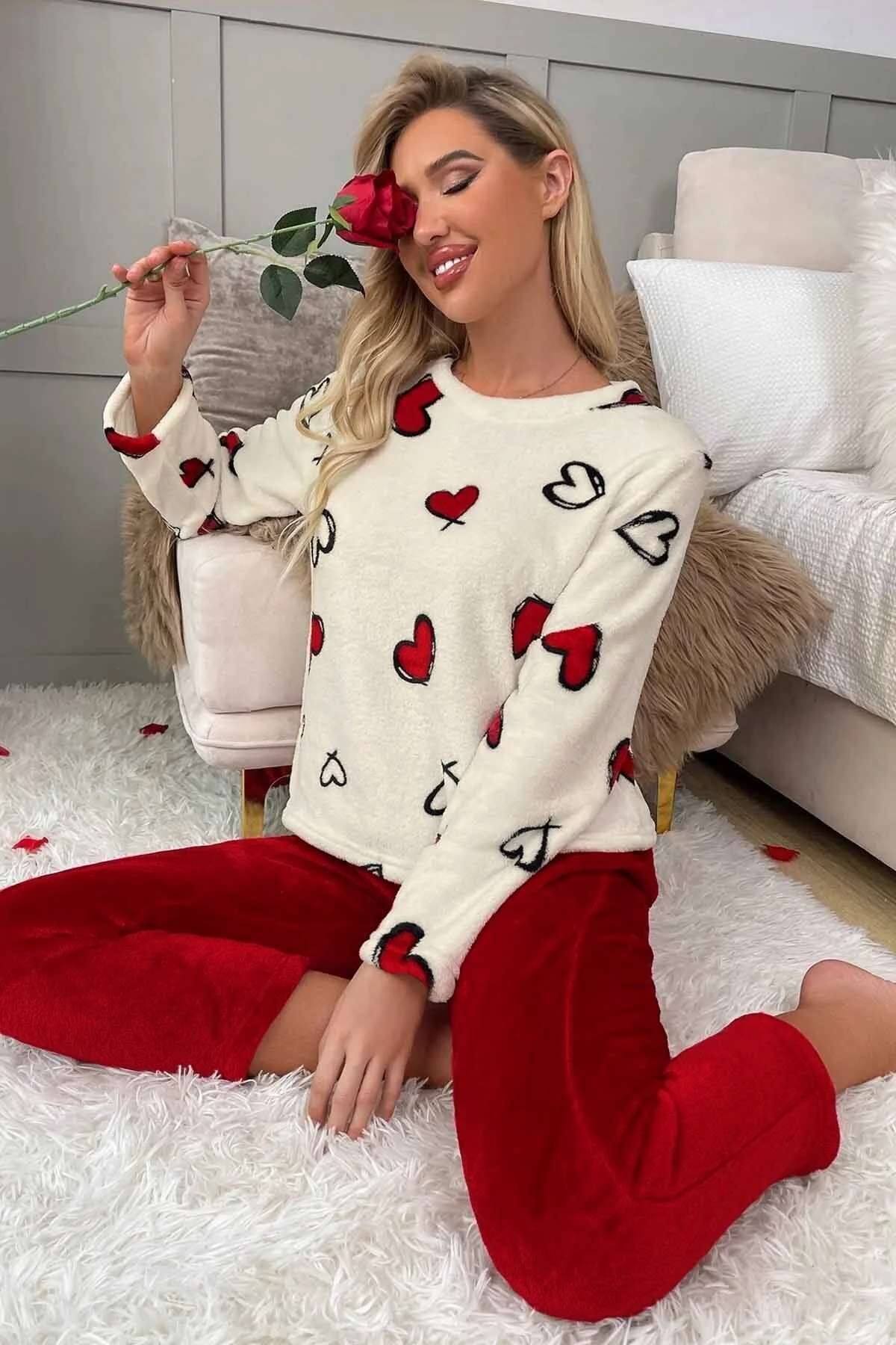 Bild von Merry See Langarm-pyjama-set Mit Plüsch-fleece-herz-aufdruck für Damen - 2XL