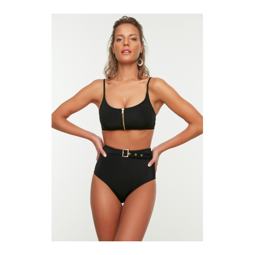Bild von Schwarze Hipster-Bikinihose mit hohem Bund und Gürtel für Damen