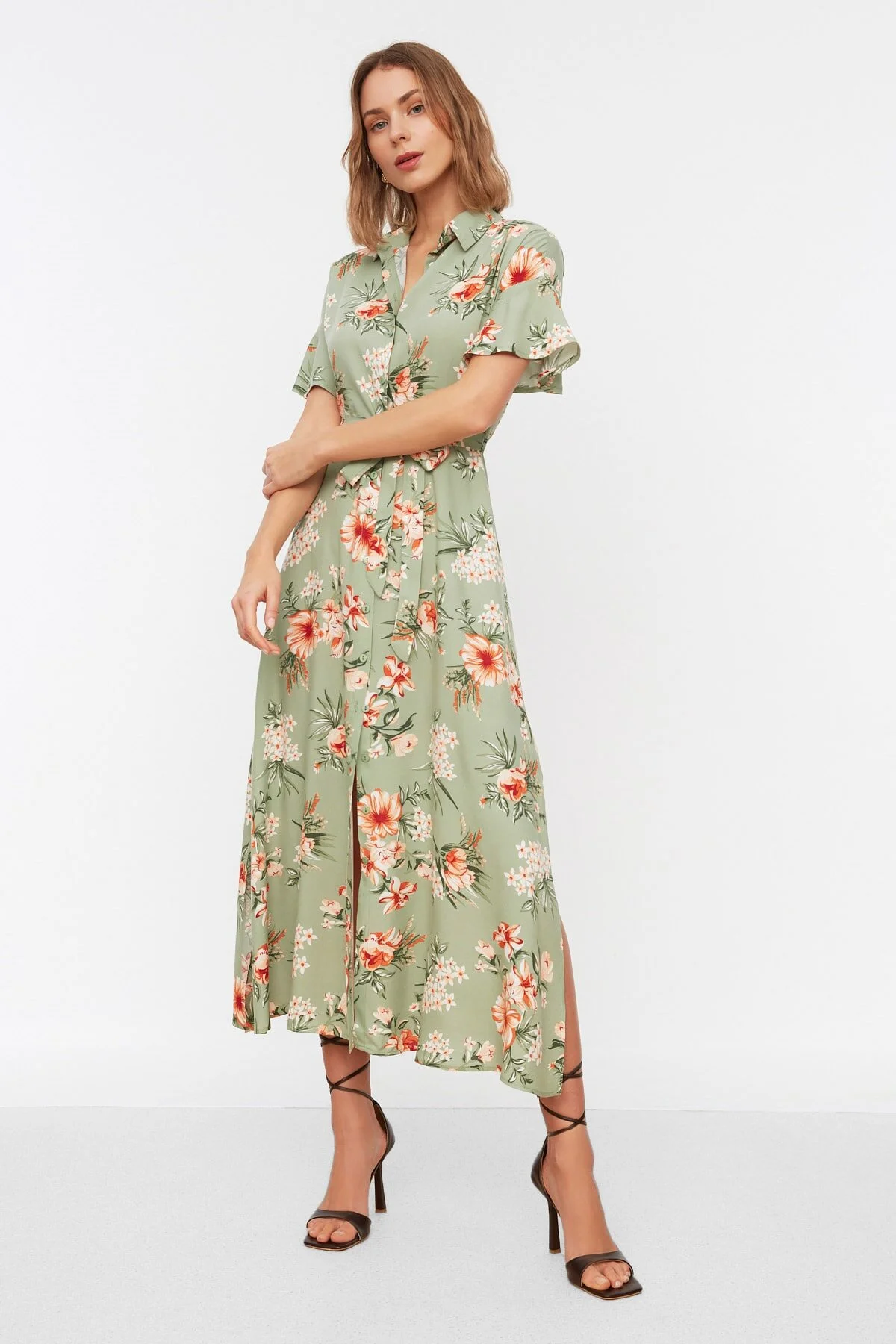 Bild von Trendyol Collection Mehrfarbiges, Gewebtes Maxi-hemdkleid Aus Viskose Mit Blumendruck Und Gürtel für Damen - 38