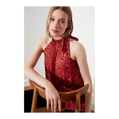 Bild von Trendyol Collection Rote, Transparente, Gewebte Neckholder-Bluse mit Plissee und Blumenmuster für Damen - 42