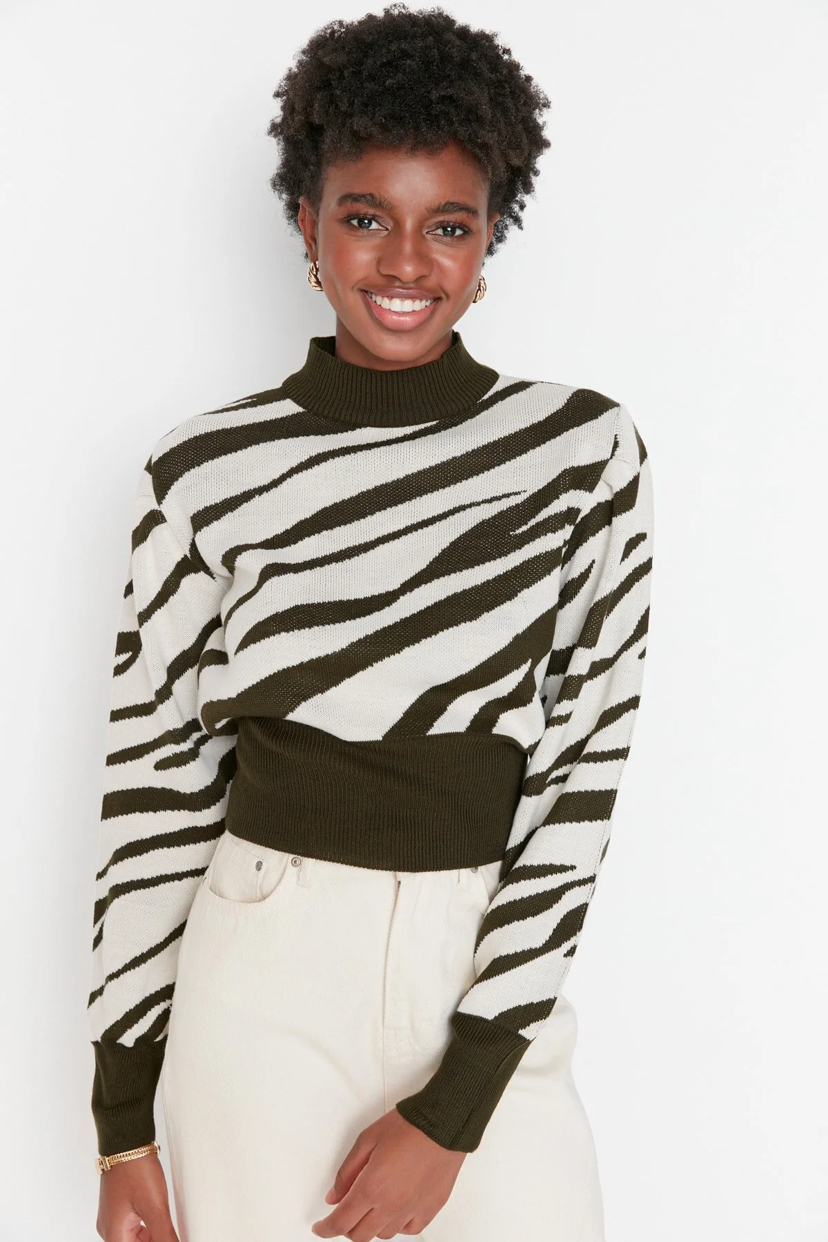 Bild von Trendyol Collection Khakifarbener Crop-strickpullover Mit Zebramuster – für Damen - S