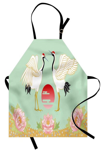 Bild von ABAKUHAUS Feder Kochschürze, Japanische Kräne mit vereinfachter Sonnenaufgang-Design-bunten asiatischen Kultur-Illustration, Farbfest Höhenverstellbar Waschbar Klarer Digitaldruck, Mehrfarbig