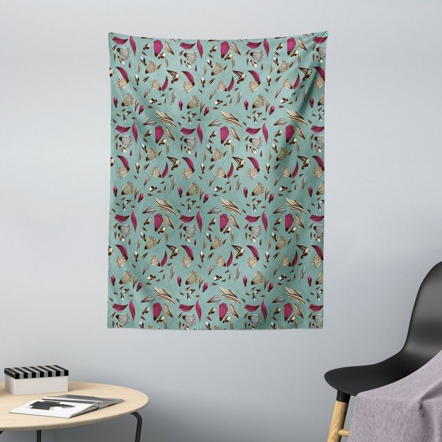 Bild von ABAKUHAUS Blume Wandteppich und Tagesdecke, Vintage Klassische Flora Blätter, aus Weiches Mikrofaser Stoff Moderner Digitaldruck Waschbar, 110 x 150 cm, Magenta Seafoam Brown