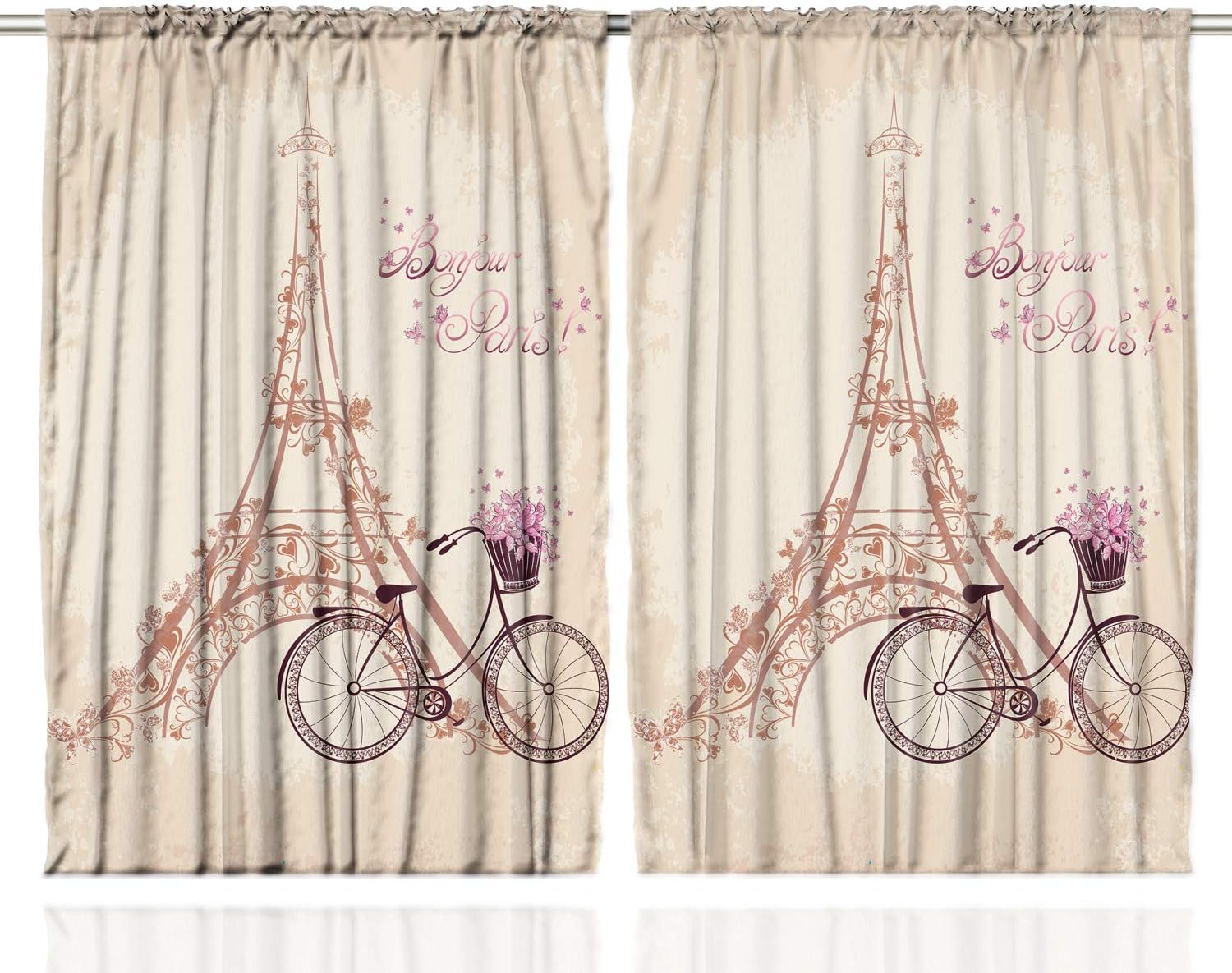 Bild von ABAKUHAUS Paris Rustikaler Gardine, Französisch Eiffelturm, Schlafzimmer Kräuselband Vorhang mit Schlaufen und Haken, 280 x 175 cm, Beige