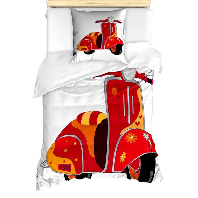Bild von ABAKUHAUS Jahrgang Bettbezug Set, Hippie Stadt Scooter, Milbensicher Allergiker geeignet mit Kissenbezügen, 135 cm x 200 cm - 80 x 80 cm, Rot orange