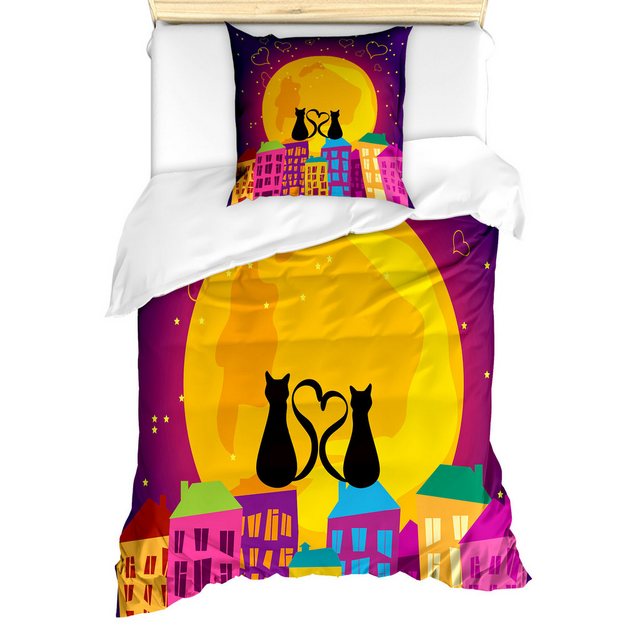 Bild von ABAKUHAUS Tier Bettbezug Set, Katzen auf dem Dach Herz, Milbensicher Allergiker geeignet mit Kissenbezügen, 135 cm x 200 cm - 80 x 80 cm, Violett orange