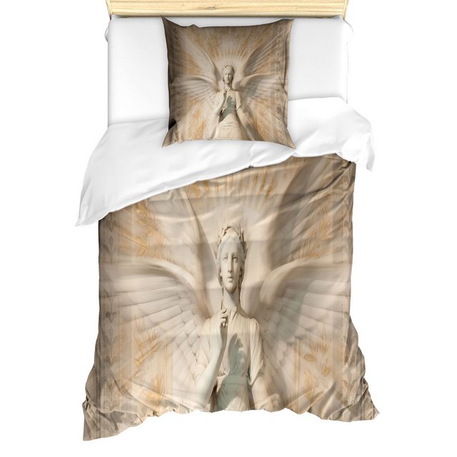 Bild von ABAKUHAUS Retro Bettbezug Set, Mittelalterlich, Milbensicher Allergiker geeignet mit Kissenbezügen, 135 cm x 200 cm - 80 x 80 cm, Gelb Weiss