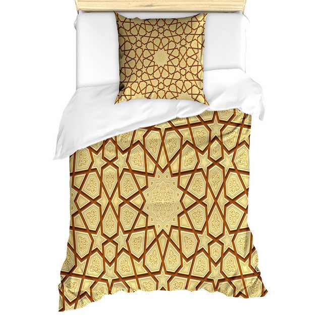 Bild von ABAKUHAUS Retro Bettbezug Set für Einzelbetten, Arabesken-Sternformen, Milbensicher Allergiker geeignet mit Kissenbezug, Creme braun