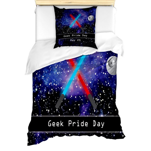 Bild von ABAKUHAUS Galaxis Bettbezug Set, Geek-Nerd Pride Day, Milbensicher Allergiker geeignet mit Kissenbezügen, 135 cm x 200 cm - 80 x 80 cm, Blau Schwarz und Rot