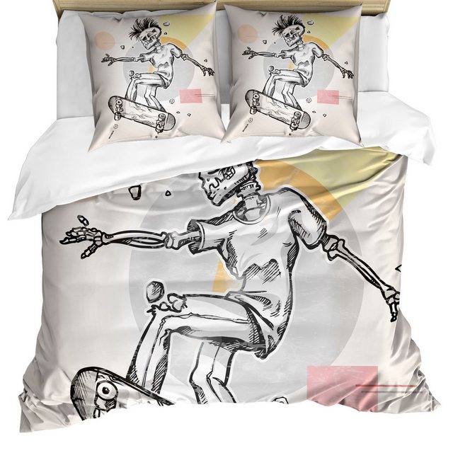 Bild von ABAKUHAUS Schädel Bettwäsche Set für Doppelbetten, Grunge Skelett Rollbrett, Weicher Microfaserstoff Allegigeignet kein Verblassen, Eierschalenfarben Dunkler Kastanienbraun Hellrosa