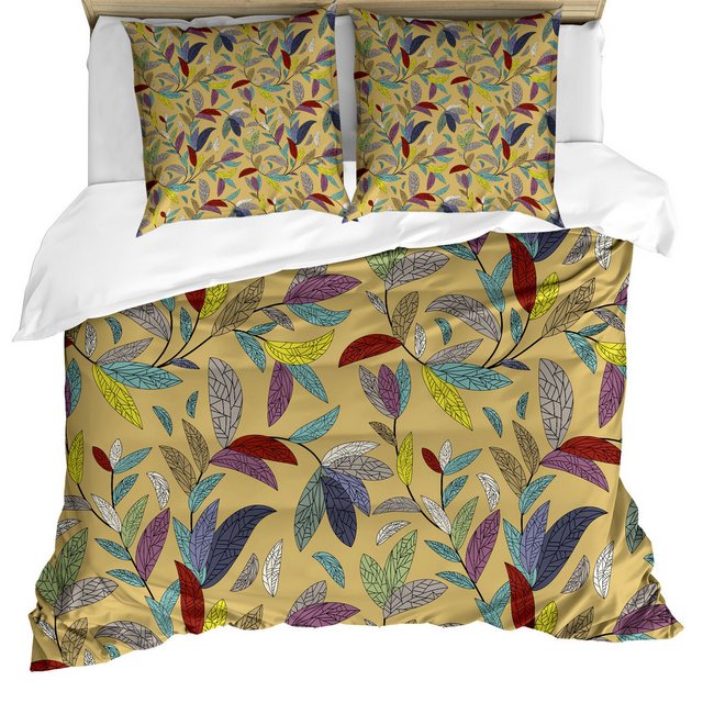 Bild von ABAKUHAUS Blume Bettbezug Set, Hand gezeichnet Blatt-Strudel, Milbensicher Allergiker geeignet mit Kissenbezügen, 155 cm x 200 cm - 80 x 80 cm, Mehrfarbig