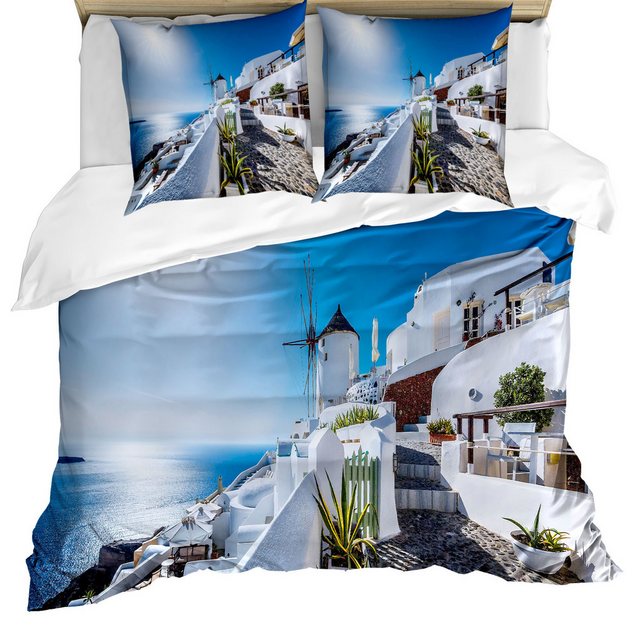 Bild von ABAKUHAUS Sommer Bettbezug Set, Oia Dorf in Santorini, Milbensicher Allergiker geeignet mit Kissenbezügen, 155 cm x 200 cm - 80 x 80 cm, Blau und weiß