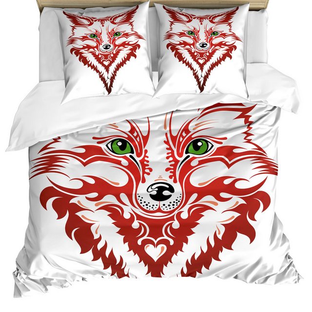 Bild von ABAKUHAUS Fuchs Bettbezug Set, Patterned Tier, Milbensicher Allergiker geeignet mit Kissenbezügen, 200 cm x 200 cm - 80 x 80 cm, Dunkler Coral Grün Weiß