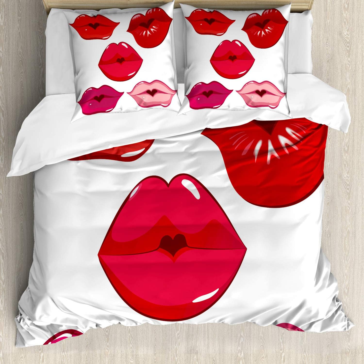 Bild von ABAKUHAUS Kuss Bettbezugs Set Für Doppelbetten, Frau Sexy Lippen Kuss, Milbensicher Allergiker geeignet mit Kissenbezügen, Weiß Rosa Puder Rosa Rot