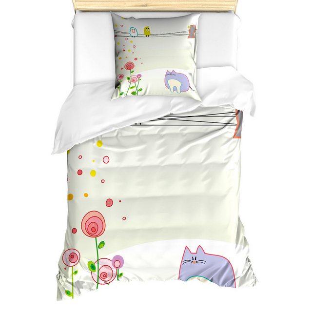 Bild von ABAKUHAUS Kleinkind Bettbezug Set, Vogel Katze Blumen, Milbensicher Allergiker geeignet mit Kissenbezügen, 135 cm x 200 cm - 80 x 80 cm, Mehrfarbig