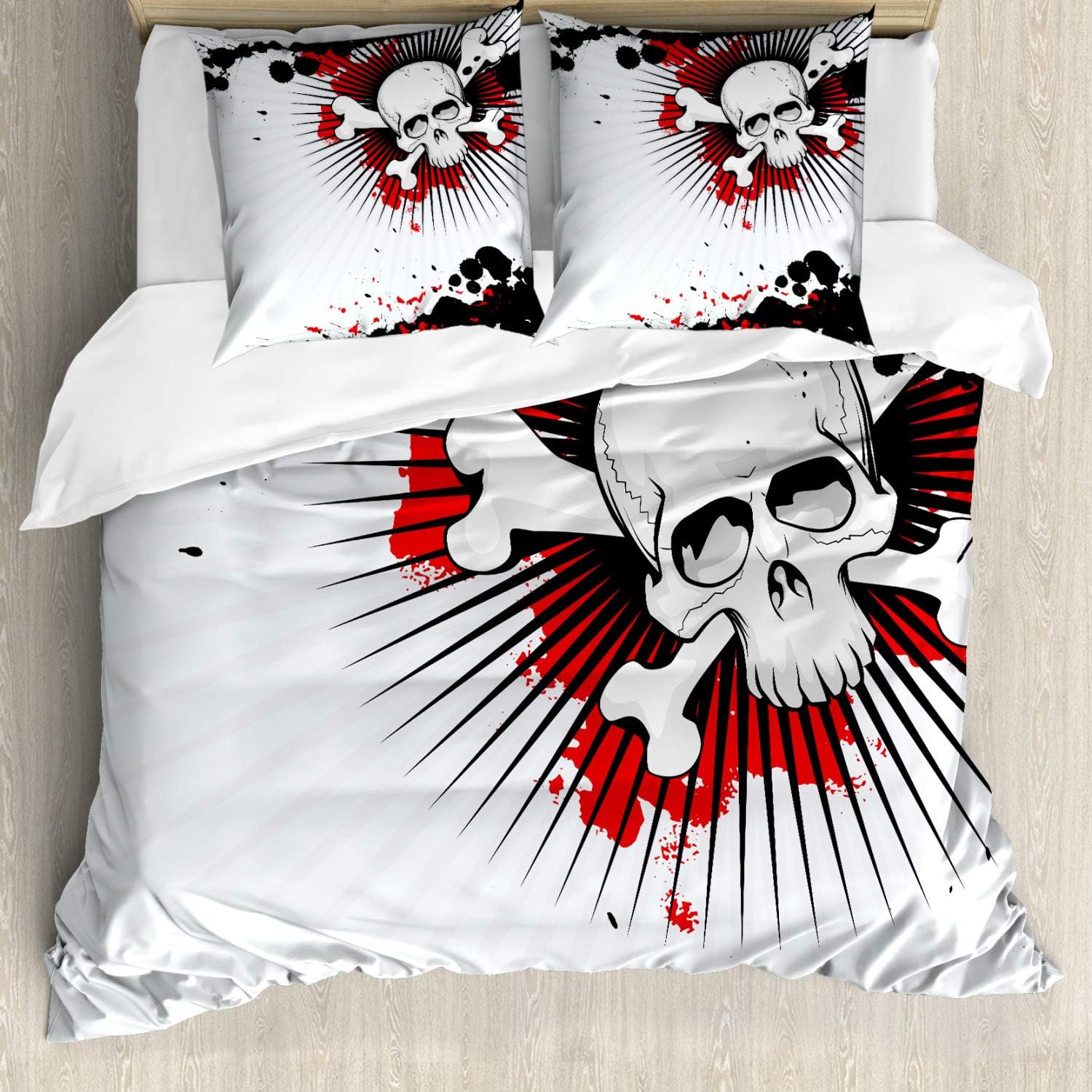 Bild von ABAKUHAUS Halloween Bettbezug Set, Schädelknochen Grunge, Milbensicher Allergiker geeignet mit Kissenbezügen, 200 cm x 200 cm - 80 x 80 cm, Perle Rot Schwarz
