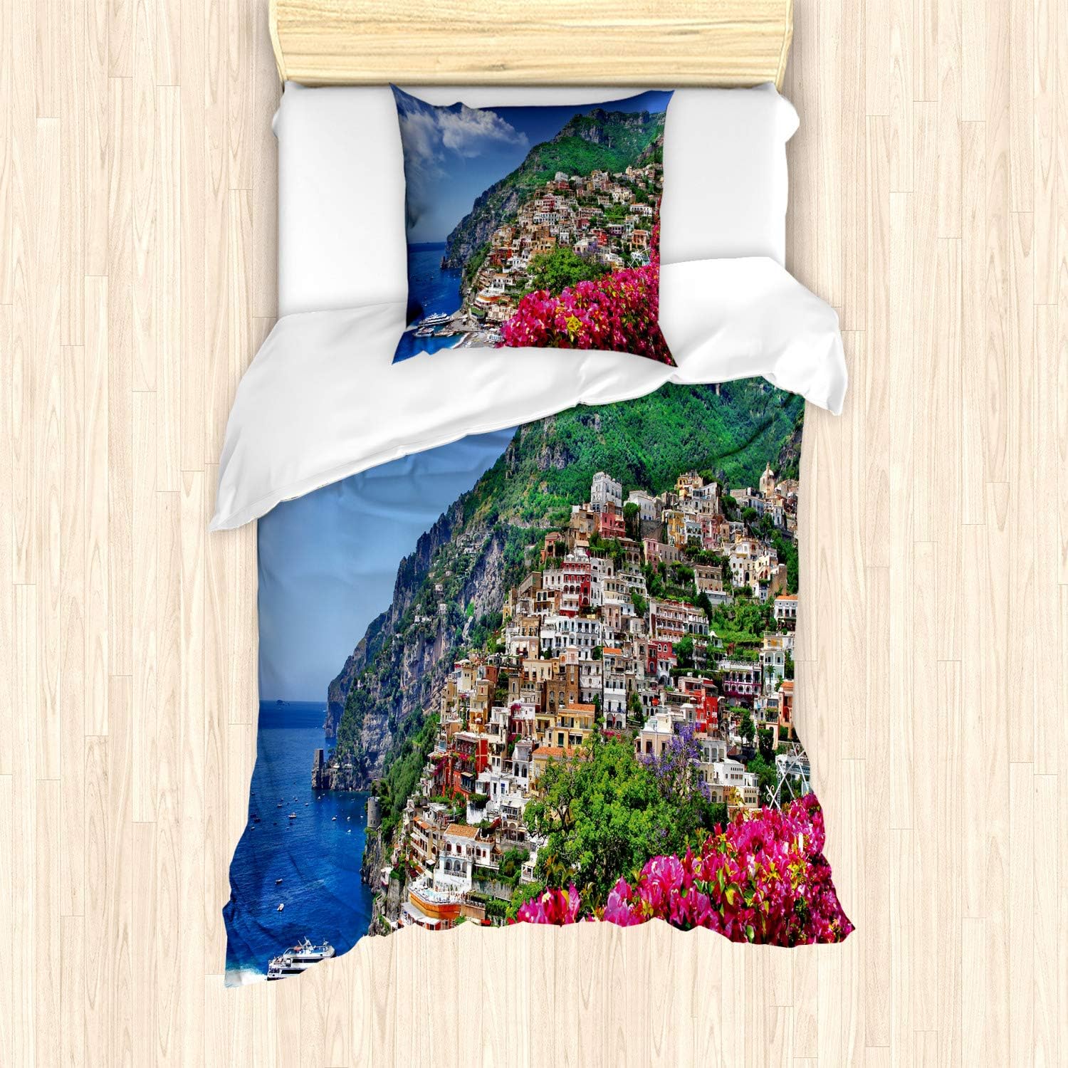 Bild von ABAKUHAUS Italien Bettbezug Set, Positano Amalfi Neapel, Milbensicher Allergiker geeignet mit Kissenbezügen, 135 cm x 200 cm - 80 x 80 cm, Rosa-Grün-Blau