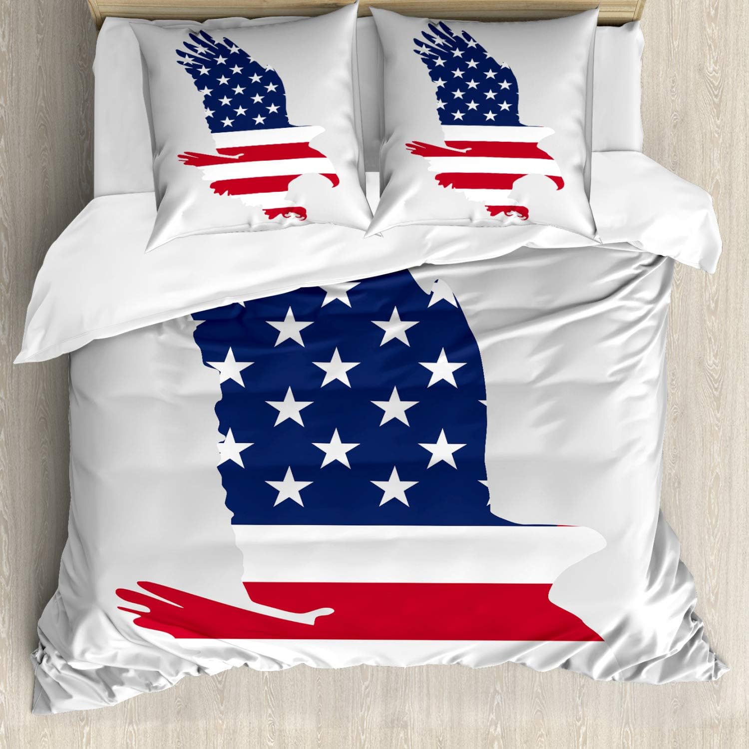 Bild von ABAKUHAUS Adler Bettbezug Set, Stars and Stripes USA, Milbensicher Allergiker geeignet mit Kissenbezügen, 155 cm x 200 cm - 80 x 80 cm, Dunkle Coral Marineblau