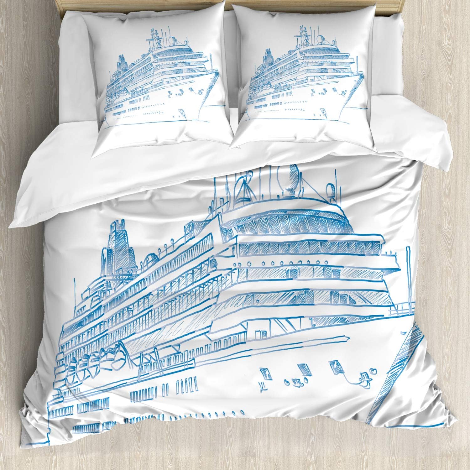 Bild von ABAKUHAUS Marine Bettbezug Set, Cruise Liner Boot Reisen, Milbensicher Allergiker geeignet mit Kissenbezügen, 155 cm x 200 cm - 80 x 80 cm, Blau Weiss
