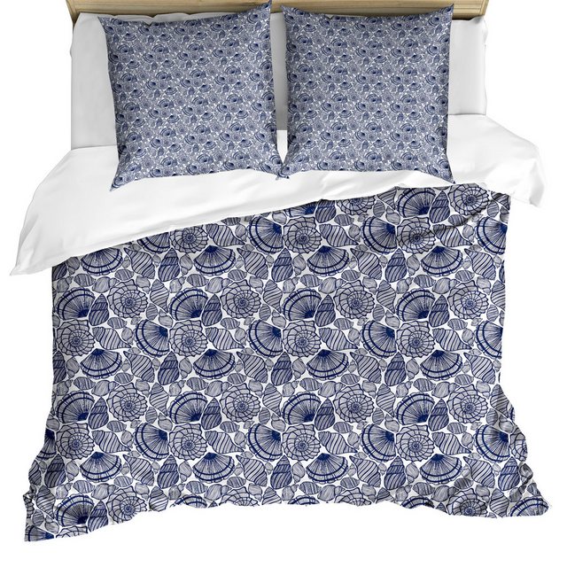 Bild von ABAKUHAUS Navy blau Bettbezug Set, Wassertiere Linien, Milbensicher Allergiker geeignet mit Kissenbezügen, 155 cm x 200 cm - 80 x 80 cm, Dunkelblau Weiß