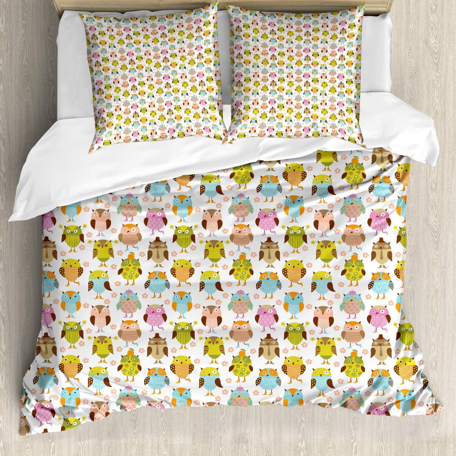 Bild von ABAKUHAUS Eulen Bettbezug Set, Bunte mit Blumen, Milbensicher Allergiker geeignet mit Kissenbezügen, 200 cm x 200 cm - 80 x 80 cm, Mehrfarbig
