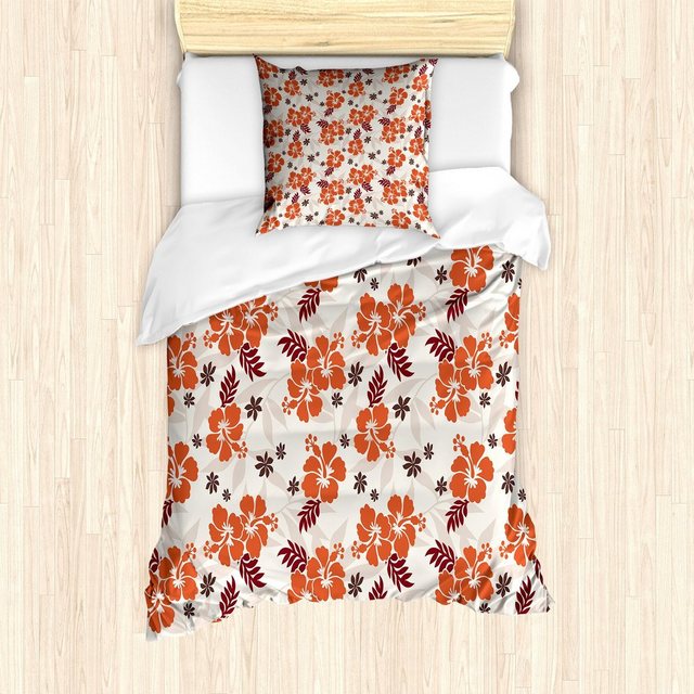 Bild von ABAKUHAUS Hawaii Bettbezug Set, Aloha State Laub, Milbensicher Allergiker geeignet mit Kissenbezügen, 135 cm x 200 cm - 80 x 80 cm, Orange Rubin Dunkle Taupe