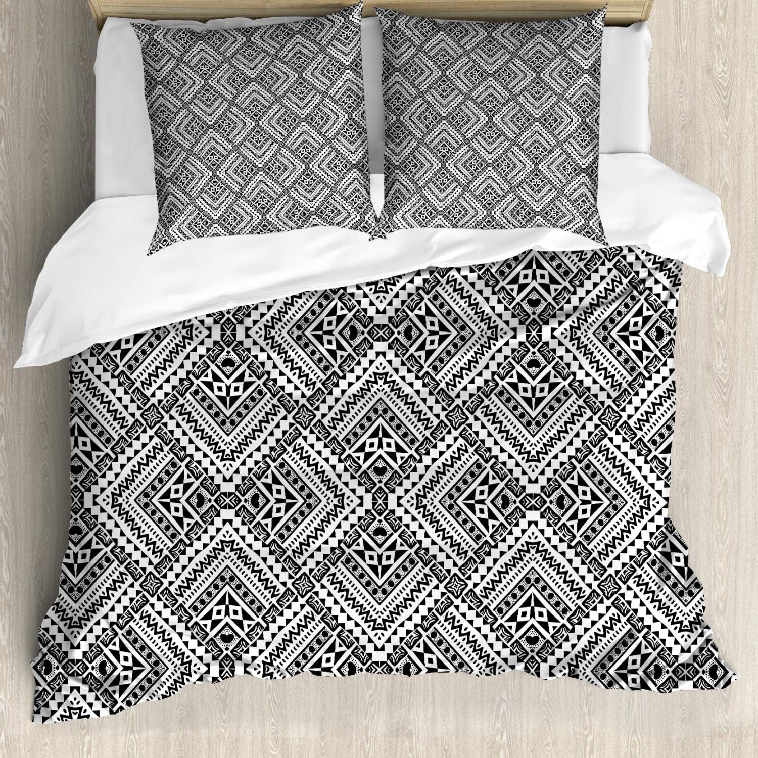 Bild von ABAKUHAUS Schwarz und weiß Bettbezug Set, Chevrons und Punkte, Milbensicher Allergiker geeignet mit Kissenbezügen, 200 cm x 200 cm - 80 x 80 cm, Schwarz-Weiss