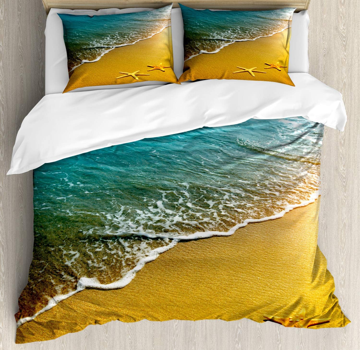 Bild von ABAKUHAUS Landschaft Bettbezug Set für Einzelbetten, karibische Meer, Milbensicher Allergiker geeignet mit Kissenbezug, 200 x 200 cm - 70 x 50 cm, Hellblau und Marigold
