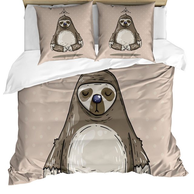 Bild von ABAKUHAUS Faultier Bettbezug Set für Einzelbetten, Cartoon Sloth meditiert, Milbensicher Allergiker geeignet mit Kissenbezug, 230 x 220 cm - 70 x 50 cm, Warm Taupe Weises Grün