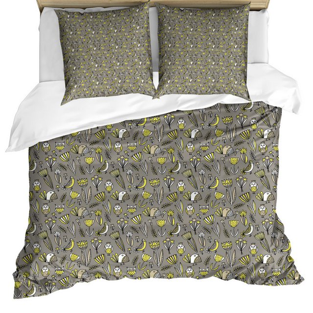 Bild von ABAKUHAUS Gelber Vogel Bettbezug Set für Einzelbetten, Zusammenfassung Avian Tulpen, Milbensicher Allergiker geeignet mit Kissenbezug, 230 x 220 cm - 70 x 50 cm, Slate Braun Gelb