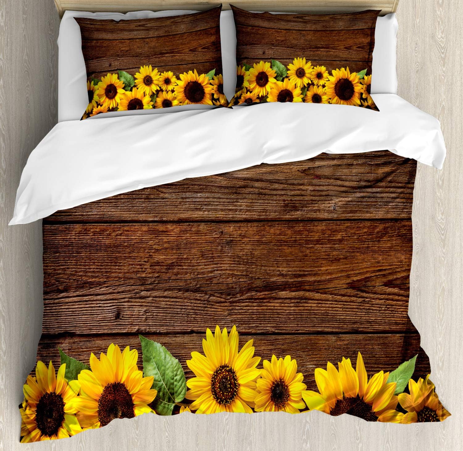 Bild von ABAKUHAUS rustikales Holz Bettbezug Set für Einzelbetten, Herbst Sunflower Motiv, Milbensicher Allergiker geeignet mit Kissenbezug, 230 x 220 cm - 70 x 50 cm, Redwood Brown
