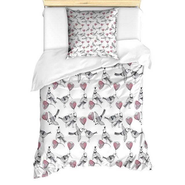 Bild von ABAKUHAUS Vogel Bettbezug Set für Einzelbetten, Vögel Tragen Rosa Blumen, Milbensicher Allergiker geeignet mit Kissenbezug, 130 x 200 cm - 70 x 50 cm, Rose Weiß und Dunkelgrau