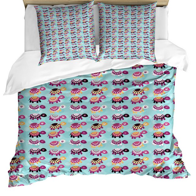 Bild von ABAKUHAUS Schildkröte Bettbezug Set für Einzelbetten, Baby Animals Ethnic, Milbensicher Allergiker geeignet mit Kissenbezug, 200 x 200 cm - 70 x 50 cm, Hellblau und Multicolor