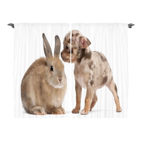 Bild von ABAKUHAUS Tier Rustikaler Gardine - Chihuahua-Welpe mit Kaninchen