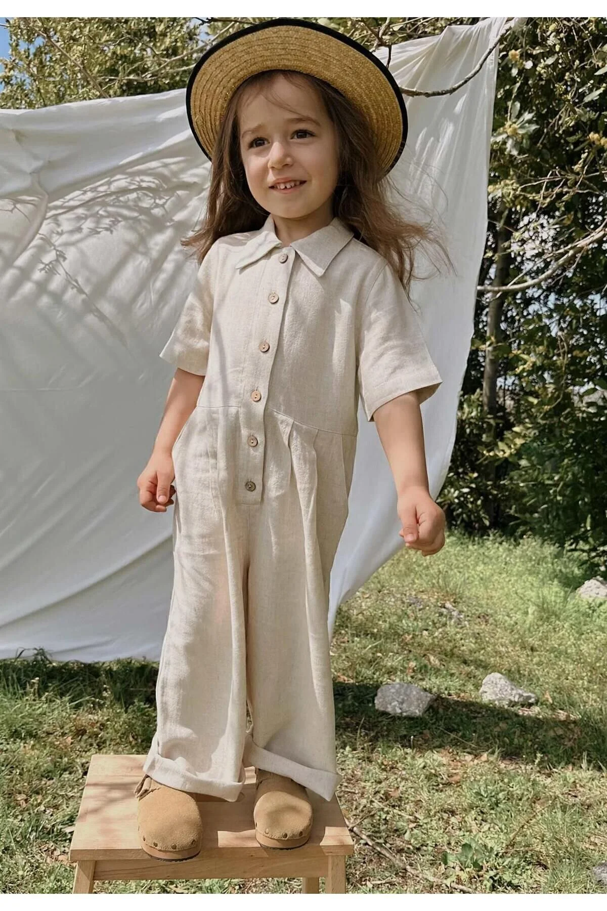 Bild von Cigit Leinen-overall Mit Plissierter Taille, Alter 2–7, Natur für Damen - 5–6 Jahre