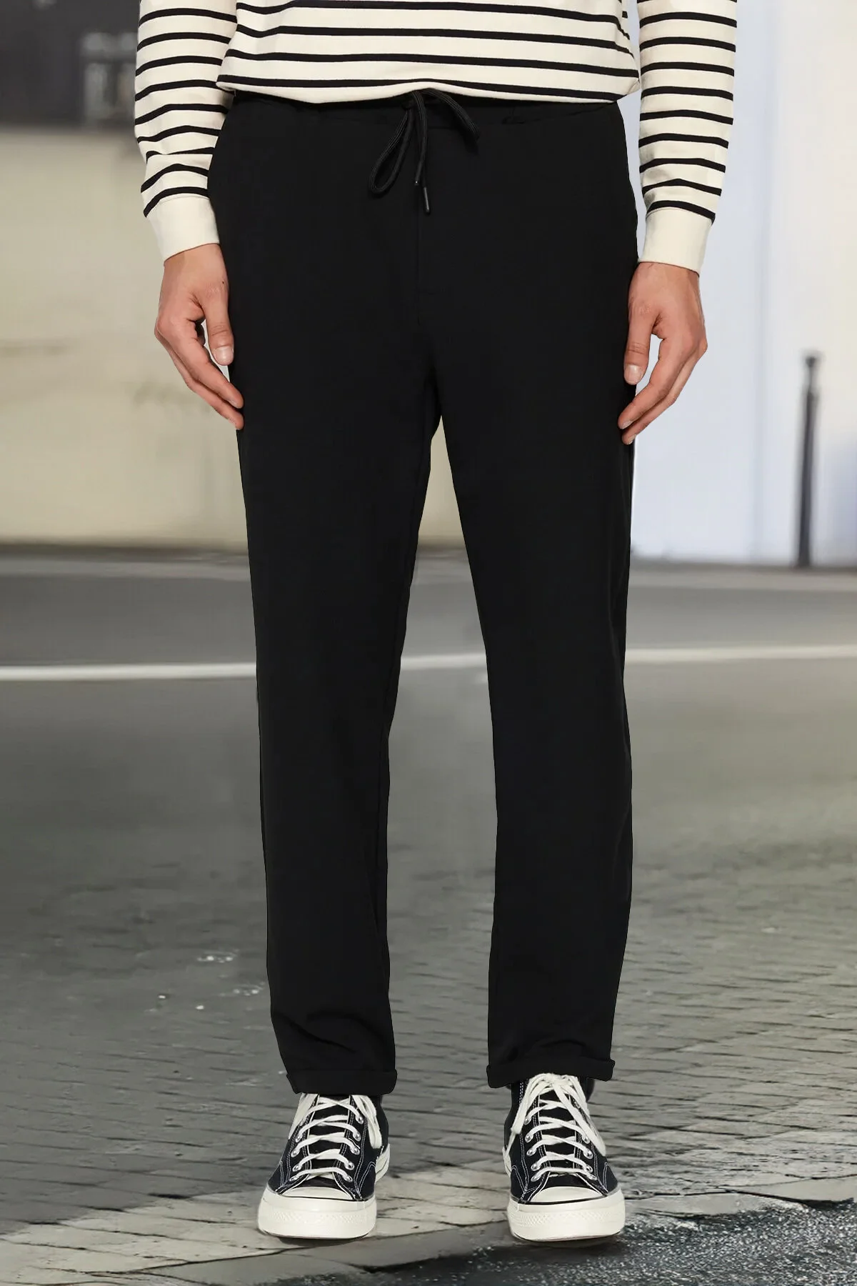 Bild von Trendyol Collection Double Leg – Schwarze Slim-fit-stoffhose Mit Elastischem Bund für Herren - S