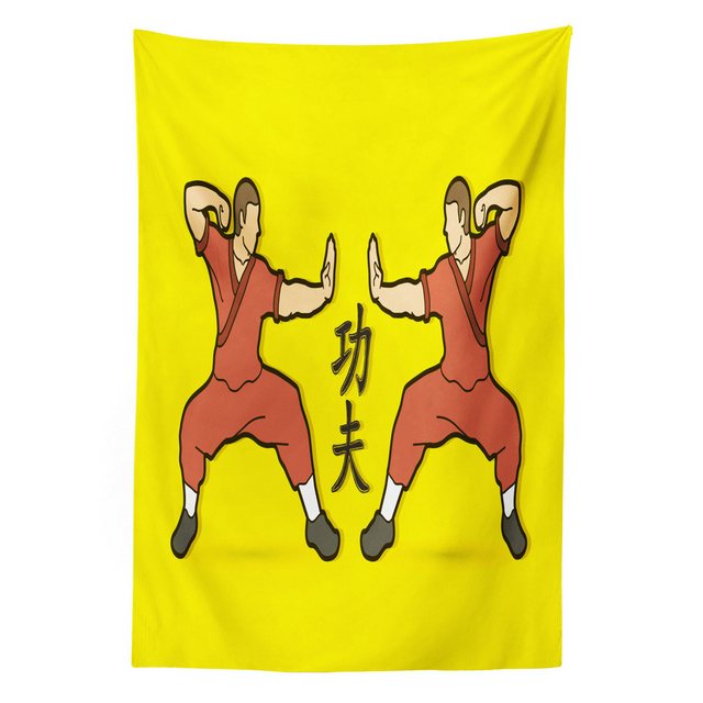 Bild von ABAKUHAUS Kung Fu Wandteppich, Cartoon und, aus Weiches Mikrofaser Stoff Für das Wohn und Schlafzimmer, 110 x 150 cm, Yellow Dark Salmon