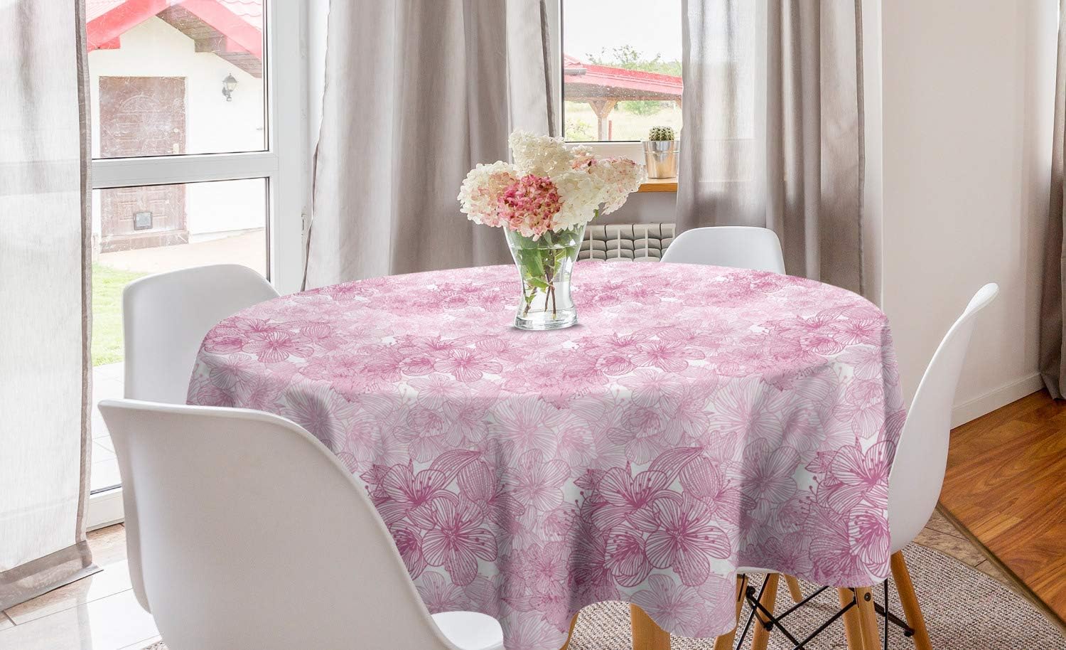 Bild von ABAKUHAUS Kirschblüte Runde Tischdecke, Cage Art-Motiv, Kreis Tischdecke Abdeckung für Esszimmer Küche Dekoration, 150 cm, Getrocknete Rosen und Blassrosa
