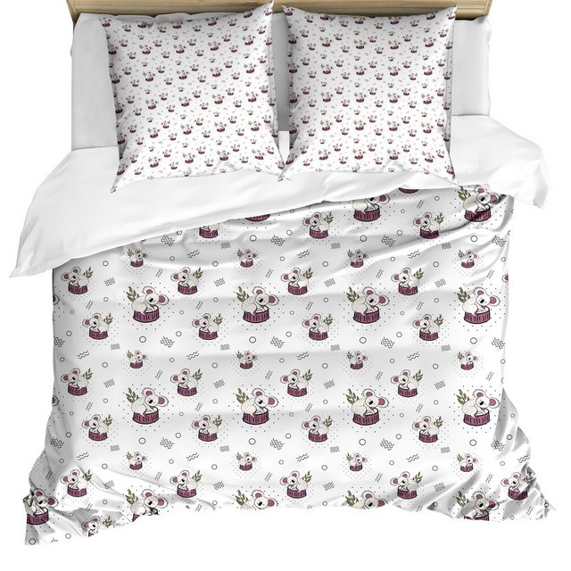 Bild von ABAKUHAUS Tier Bettbezug Set für Einzelbetten, Bär Koalas Muster Kreise, Milbensicher Allergiker geeignet mit Kissenbezug, 200 x 200 cm - 70 x 50 cm, Weiß Mauve Taupe