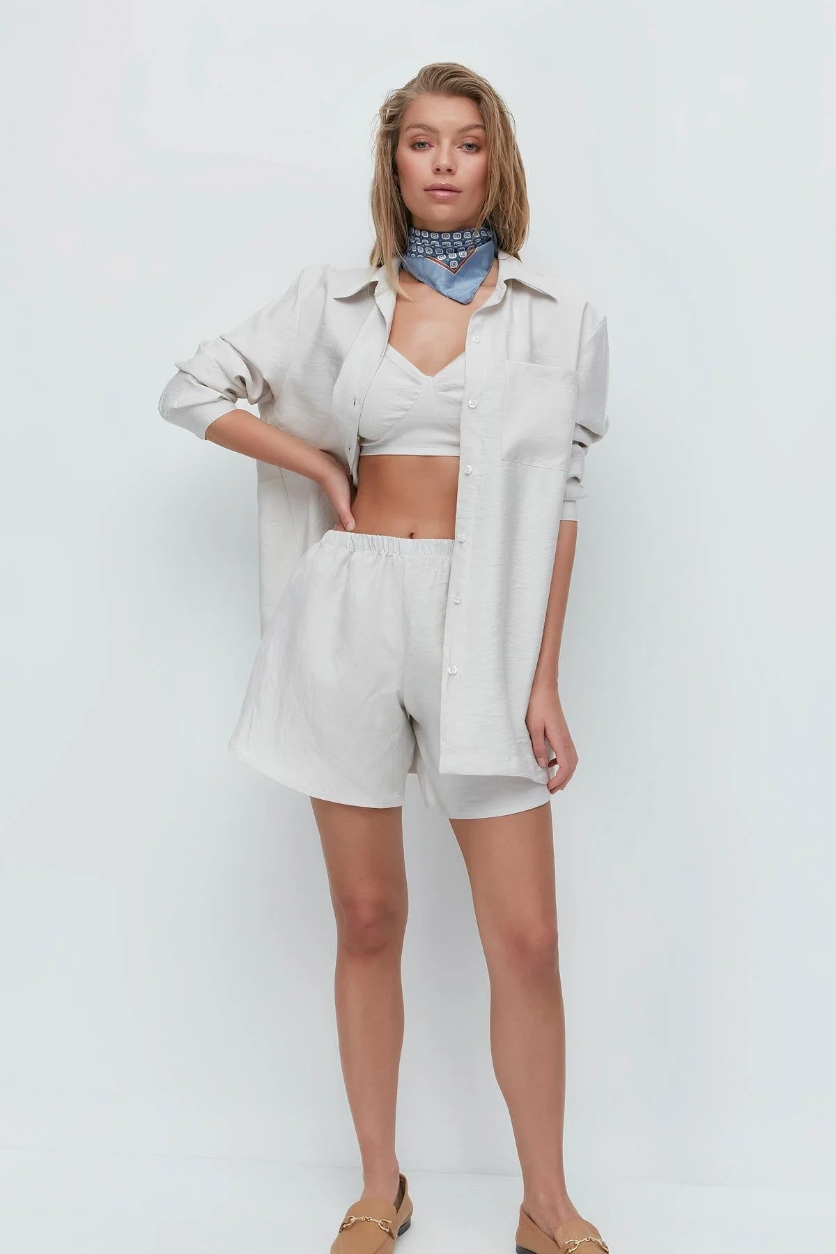 Bild von C&City Langarmshirt Shorts 3-teiliges Set 9147 Beige für Damen - XL