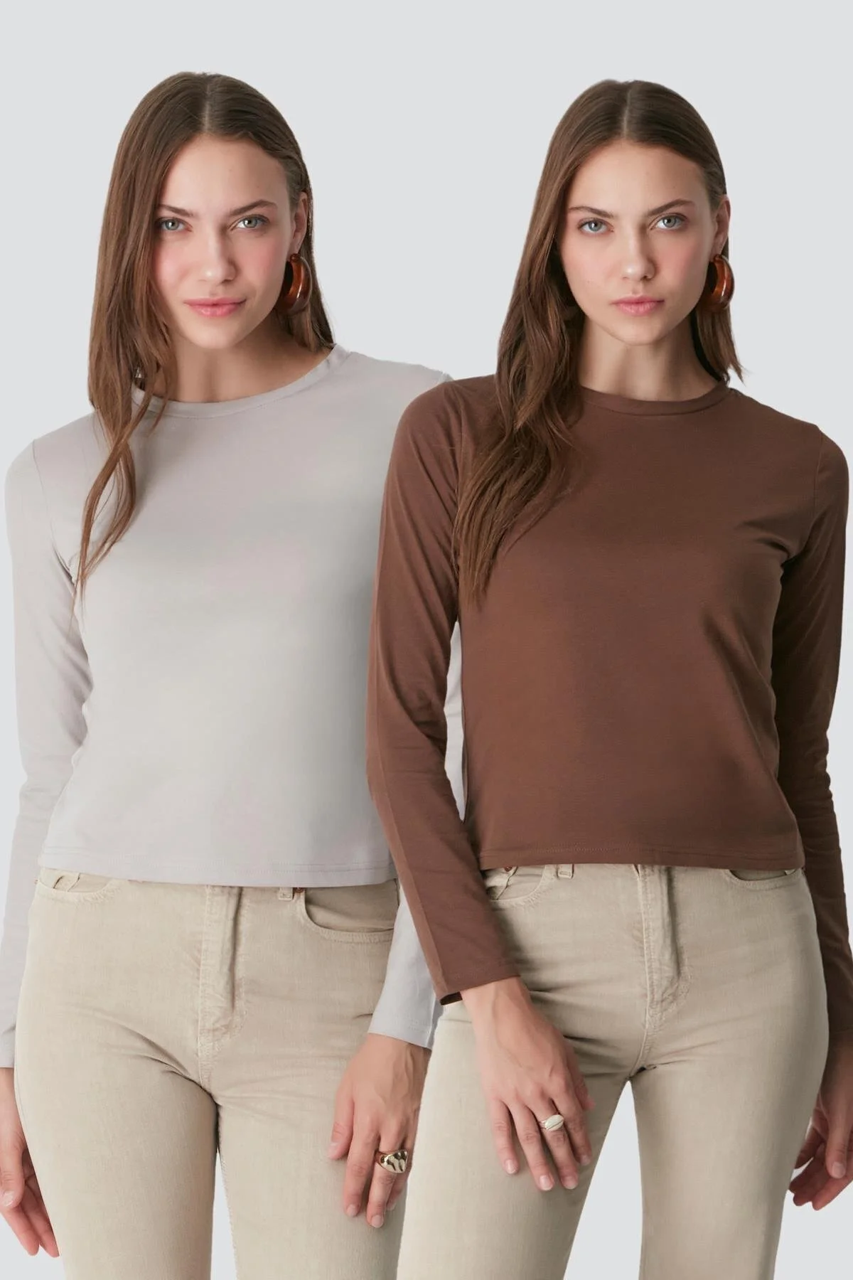 Bild von C&City 2-teiliges Rundhals-basic-t-shirt Langarm, Grau/braun 955 für Damen - S