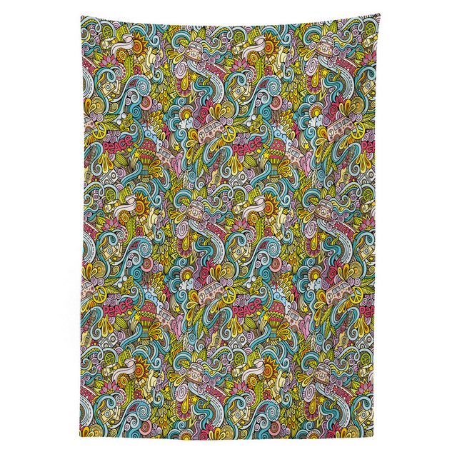 Bild von ABAKUHAUS Bunt Outdoor-Tischdecke, Hippie-Art Jumble Doodle, dekorative waschbare Picknick-Tischdecke, 145 x 210 cm, Mehrfarbig