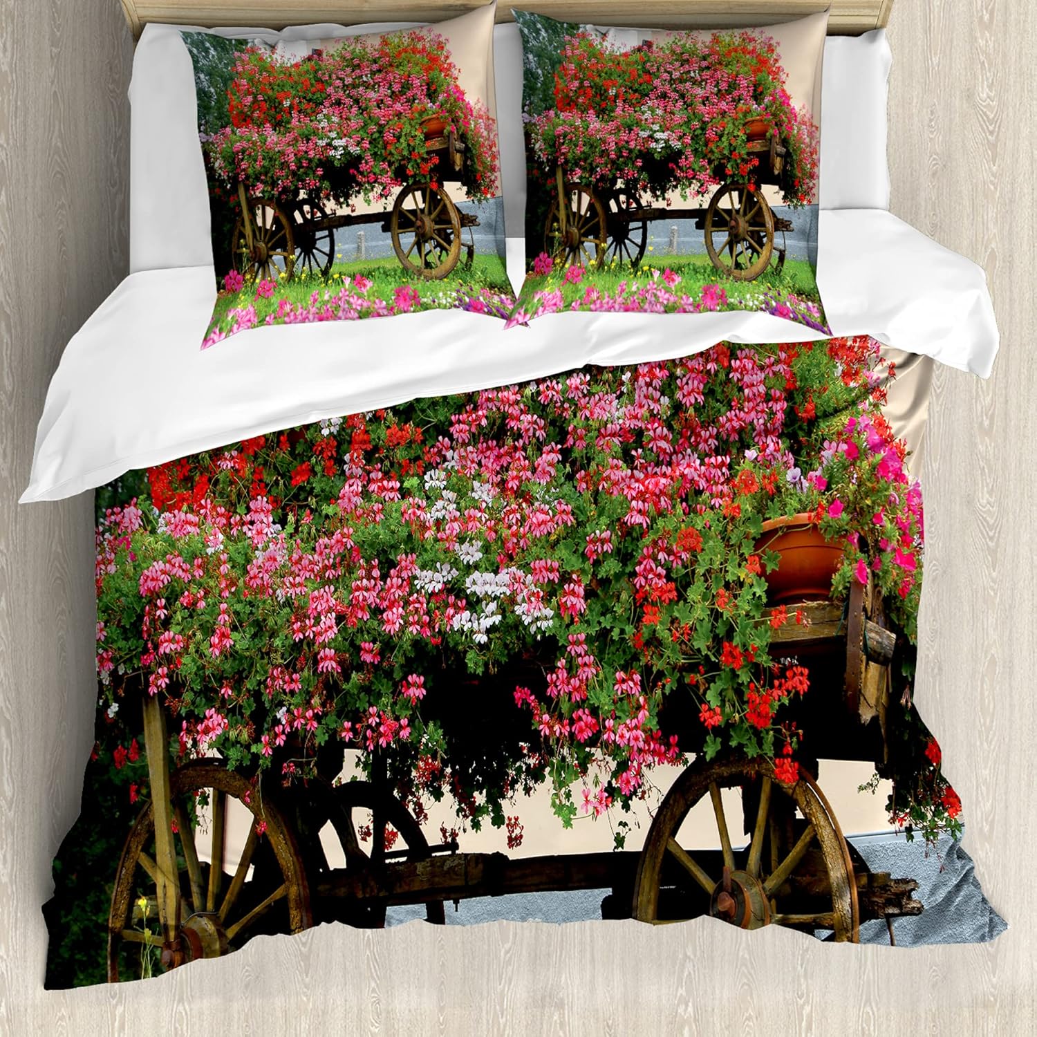 Bild von ABAKUHAUS Pelargonien Bettbezug Set für Einzelbetten, Blumen in Holz Wagon, Milbensicher Allergiker geeignet mit Kissenbezug, 200 cm x 200 cm - 80 x 80 cm, Mehrfarbig