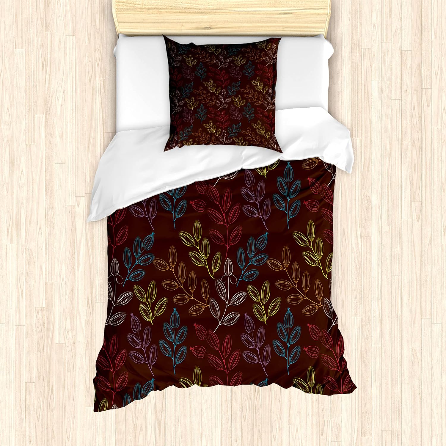 Bild von ABAKUHAUS organisch Bettbezug Set für Einzelbetten, Bunte Zweige mit Knospen, Milbensicher Allergiker geeignet mit Kissenbezug, 135 cm x 200 cm - 80 x 80 cm, Dunkler Kakao Multicolor