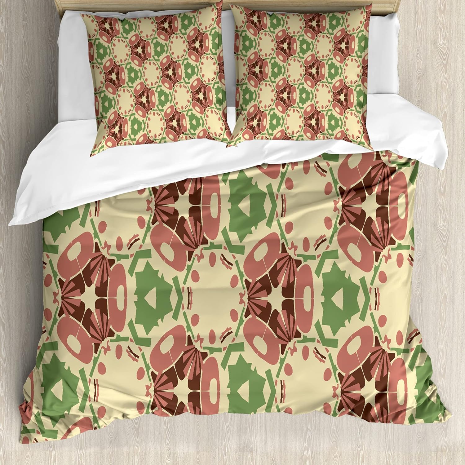 Bild von ABAKUHAUS Abstrakt Bettbezug Set für Einzelbetten, Geometrische Form Motive, Milbensicher Allergiker geeignet mit Kissenbezug, 155 cm x 200 cm - 80 x 80 cm, Beige und resedagrün