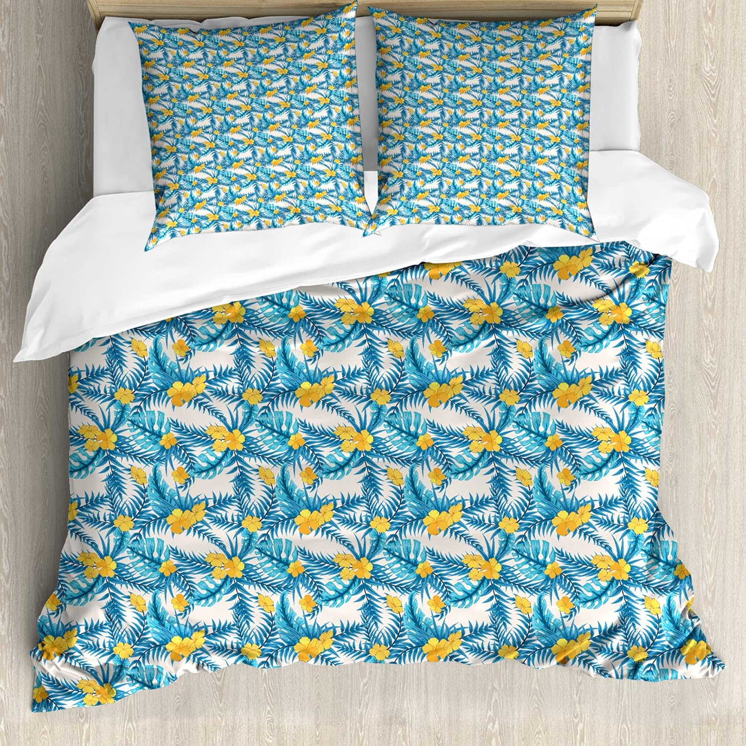 Bild von ABAKUHAUS Tropisch Bettbezug Set für Einzelbetten, Exotische Blätter und Blumen, Milbensicher Allergiker geeignet mit Kissenbezug, 155 cm x 200 cm - 80 x 80 cm, Blau Gelb Elfenbein