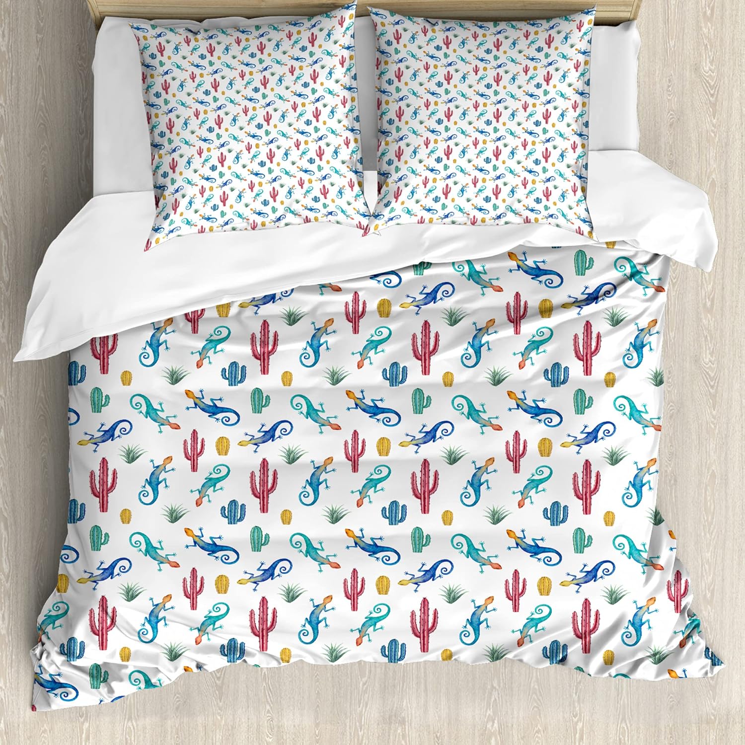 Bild von ABAKUHAUS Gecko Bettbezug Set für Einzelbetten, Lizards Cactuses Muster, Milbensicher Allergiker geeignet mit Kissenbezug, 155 cm x 200 cm - 80 x 80 cm, Mehrfarbig