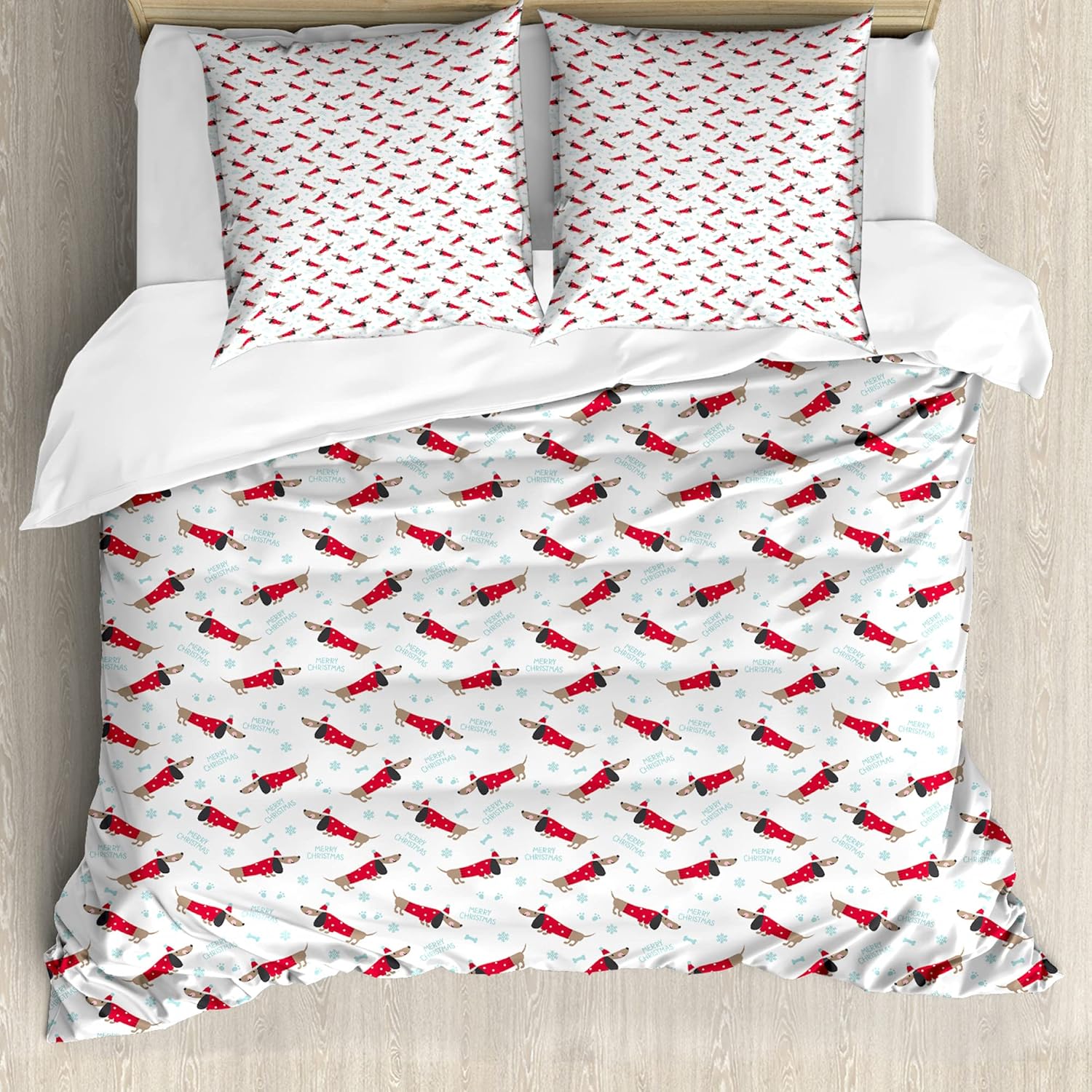 Bild von ABAKUHAUS Dackel Bettbezug Set für Einzelbetten, Frohe Weihnachten und EIN Hund, Milbensicher Allergiker geeignet mit Kissenbezug, 200 cm x 200 cm - 80 x 80 cm, Warm Taupe Dark Pink