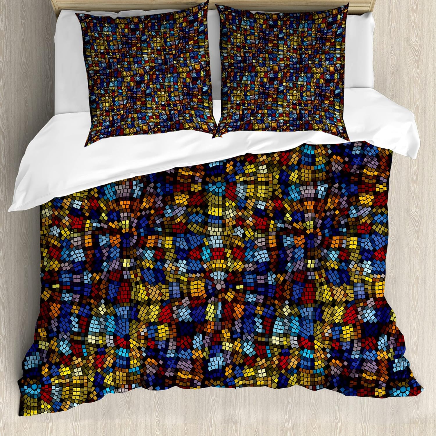 Bild von ABAKUHAUS Antiquität Bettbezug Set für Einzelbetten, Victorian Mosaik-Fliesen, Milbensicher Allergiker geeignet mit Kissenbezug, 200 cm x 200 cm - 80 x 80 cm, Mehrfarbig