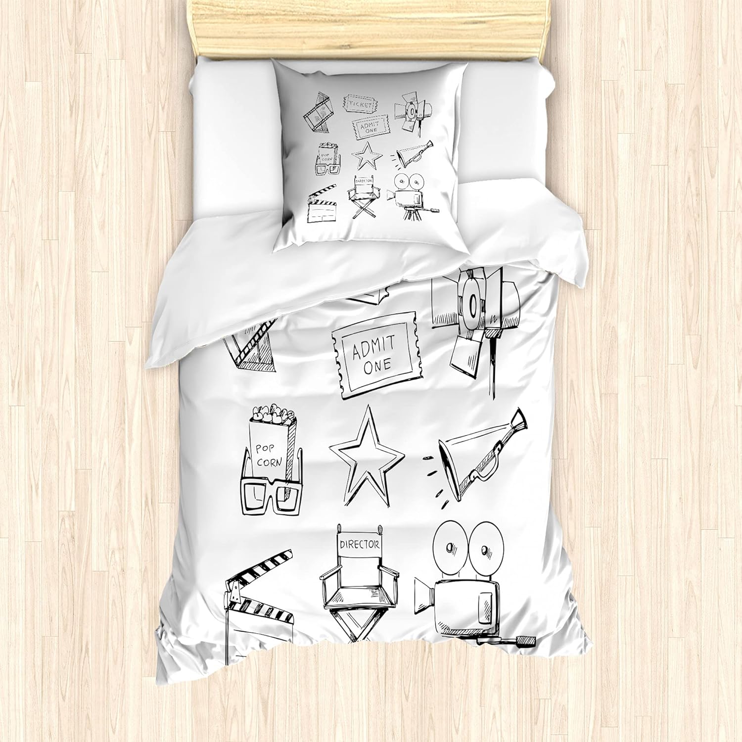 Bild von ABAKUHAUS Kino Bettbezug Set für Einzelbetten, Sketchys, Milbensicher Allergiker geeignet mit Kissenbezug, 135 cm x 200 cm - 80 x 80 cm, Schwarz-Weiss